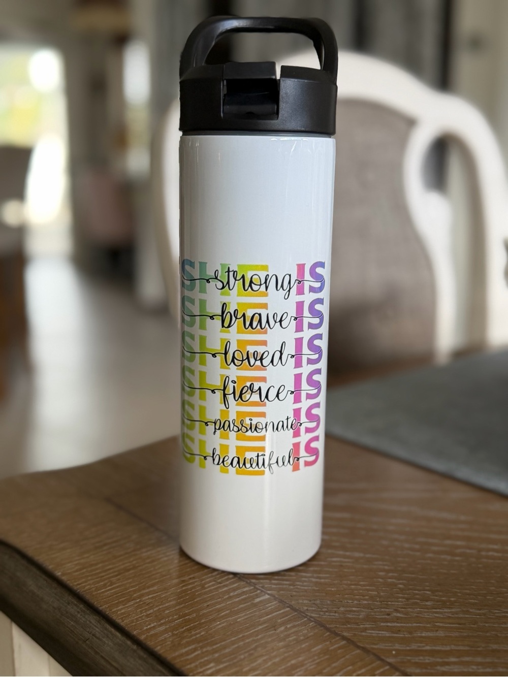 Insulated White Stainless Steel Water Bottle with Inspirational Rainbow Text